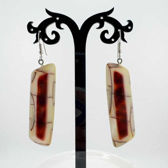 Long Red Cream White Striped Natural Stone Drop Earrings Bohemian Artisan Earthy - Picture 1 of 7